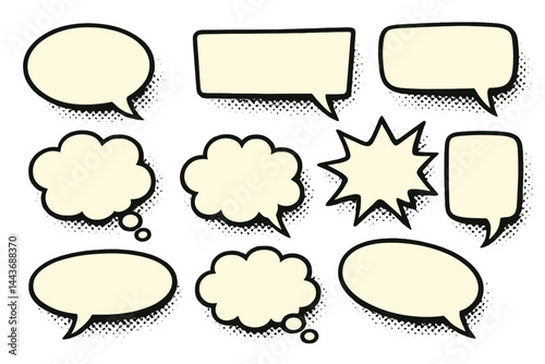A set of empty cartoon speech bubbles is presented in a retro comic style, complete with black halftone shadows, and features hand-drawn pop art elements, including vintage speech clouds and thinking