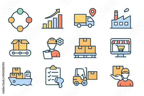 Vector illustration of a set of outline icons related to supply chain, logistics, delivery, manufacturing, commerce, and value chain, featuring editable strokes