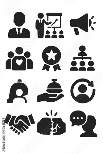 Vector business isolated silhouette icon set with business, marketing, management, social, loyalty, service, retention, handshake, fist bump and more sign
