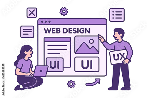 The design of a web page is being worked on by designers, incorporating web design, UI, UX content organization, and web design development concepts, all presented in a violet palette with vector