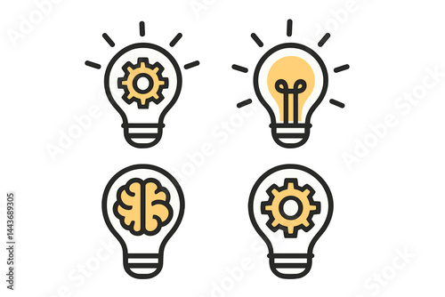 Innovation is symbolized by an icon set that includes a light bulb and cog, and an inspiration icon that features a light bulb and brain inside, created as a vector illustration
