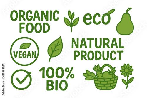 Hand-drawn vector icons and elements for organic food, eco, vegan, and natural products can be used for food markets, ecommerce, organic product packaging, healthy lifestyle promotion, and