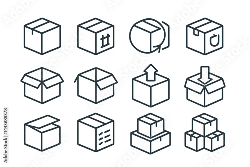 The icon set includes thin vector icons related to boxes in both black and white