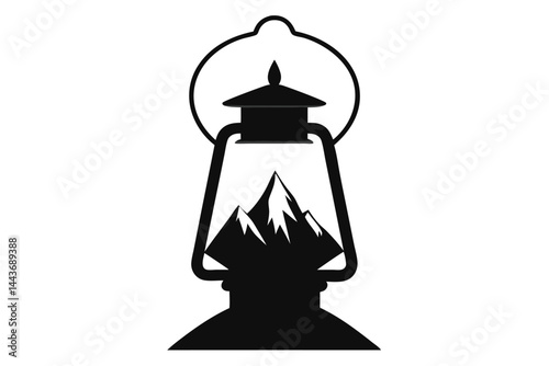 Minimalist Mountain Lantern Design in Black Silhouette on White Background Display