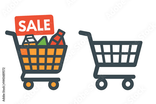 Icon representing a store with full and empty shopping carts for sales’ becomes ‘Sales icon featuring full and empty carts in a shop setting