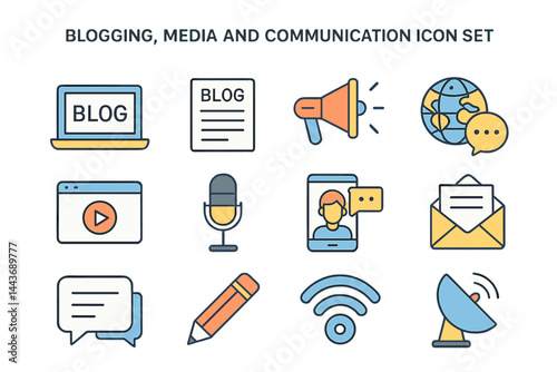 The icon set for blogging, media, and communication features a thin line and flat design aesthetic