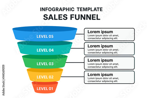 Template for business infographic, featuring a modern 5-level sales funnel diagram in presentation vector format