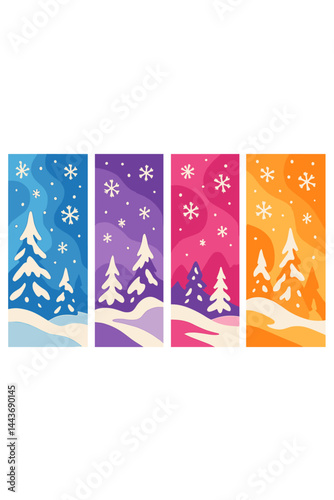 A collection of abstract winter backgrounds suitable for social media stories, featuring colorful banners with falling snowflakes and snowy trees, as well as wintry scenes, ideal for event