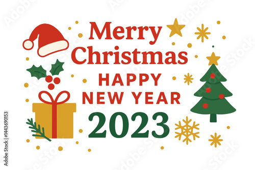 Merry Christmas and Happy New Year 2023’ is a vector illustration concept suitable for backgrounds, greeting cards, party invitations, website banners, social media banners, and marketing materials