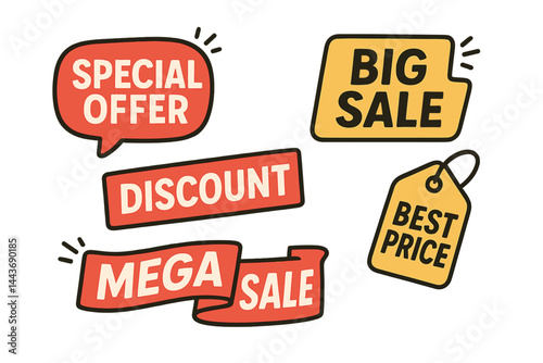 A collection of sale tags is available, featuring special offers, big sales, discounts, the best prices, and mega sale banners for shops or online shopping, including stickers, badges, coupons, and