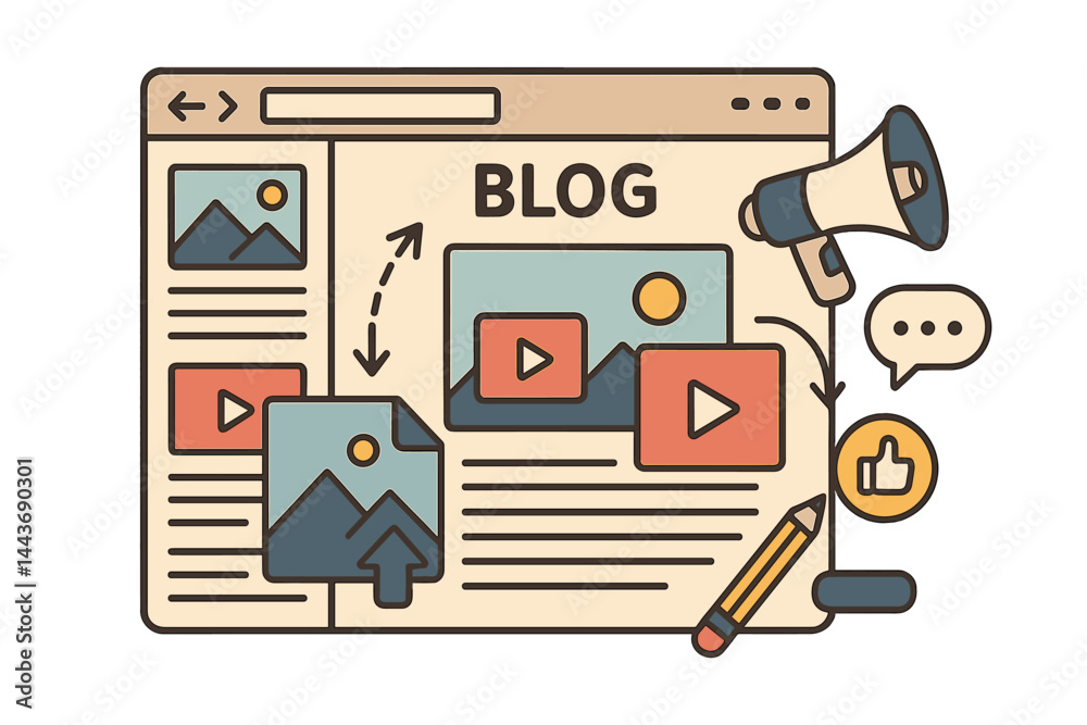 The blog page is filled with content, including the process of uploading articles and media materials, all revolving around blogging, content management, and SMM concepts in flat design
