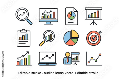 A collection of outline icons pertaining to analysis, infographic, and analytics, featuring editable strokes, presented as a vector illustration