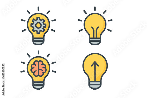 A set of icons representing innovation, featuring a light bulb and cog, as well as an inspiration icon with a light bulb and brain inside, all in vector illustration form
