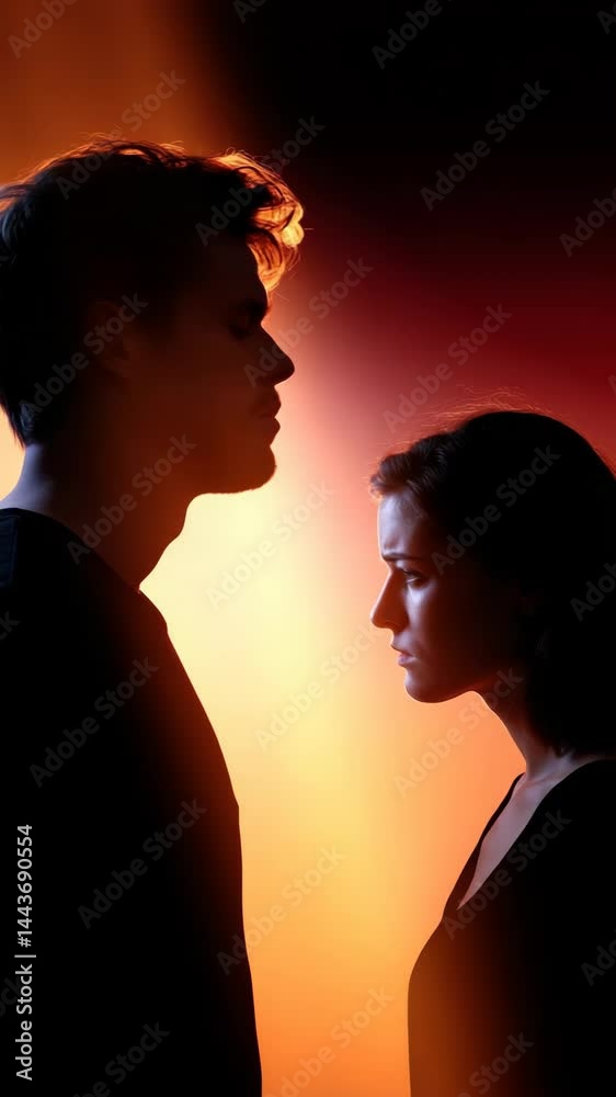 Silhouetted profile of a man and woman facing each other against a warm, gradient background, creating a dramatic and intimate atmosphere. Silhouetted profile of a man and woman facing each other against a warm, gradient background, creating a dramatic and intimate atmosphere.