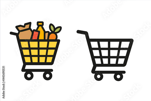 Full and empty shopping cart symbol shop and sale icon’ is reworded as ‘Icon representing a store with full and empty shopping carts for sales