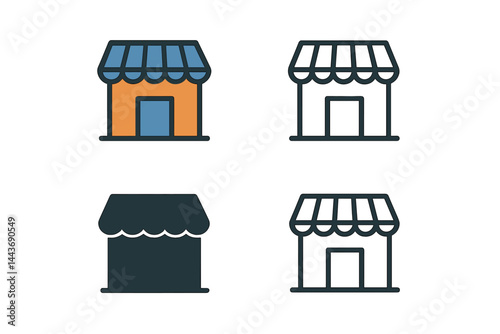 Vector illustrations of store icons are available in diverse styles, including two-colored and black versions, and can be utilized for web, mobile, and UI purposes in filled, outline, line, and
