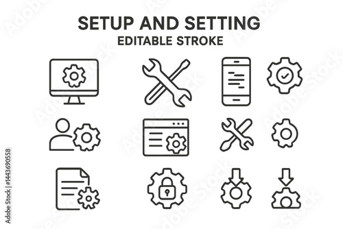 Thin line icons for setup and setting, featuring an editable stroke, suitable for various design applications including website marketing, logos, apps, templates, and ui, among others, in vector