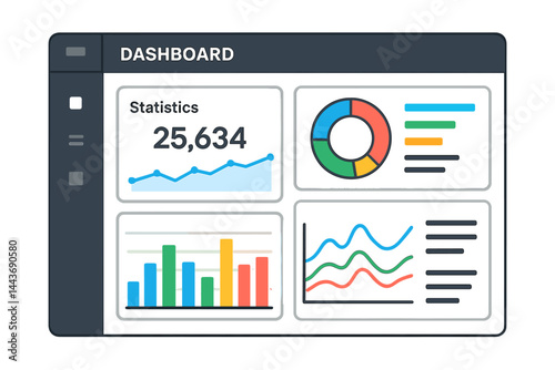 The dashboard features a UI infographic, data graphic, and chart, showcasing a screen with business analytics and admin statistical software through a web interface vector template