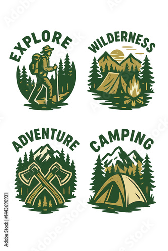 A compilation of retro explorer, wilderness, adventure, and camping emblem designs, ideal for use on t-shirts, clothing, and various merchandise