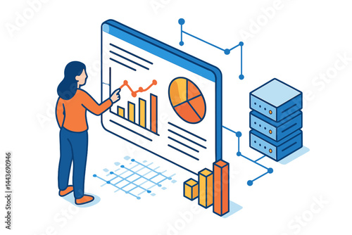 The woman is engaged with statistical analysis and diagram, surrounded by data analysis in isometric vector design, network mainframe infrastructure website layout, and data visualization concept