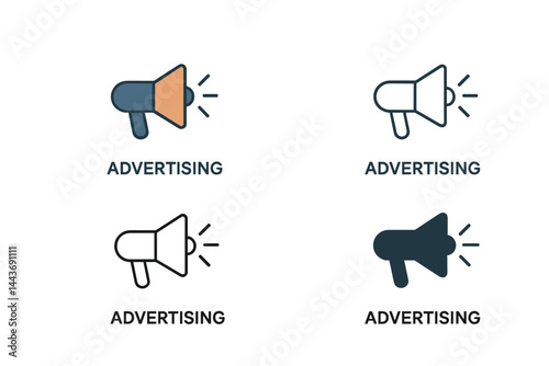 A diverse set of advertising icons, available in two colors and black, are presented in filled, outline, line, and stroke styles for use in web, mobile, and UI design