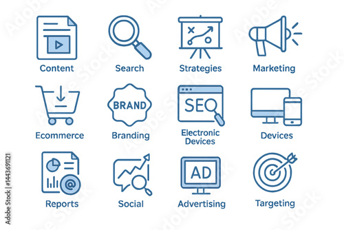 The collection of Vector Line icons known as Marketing Blue Line Icons Set comprises Content, Search, Strategies, Marketing, Ecommerce, Branding, Seo, Electronic Devices, Reports, Analysis, Social