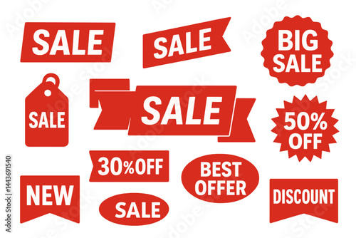The sale label collection set features shopping tags, sale icons, and red banners, isolated on a white background in a vector format