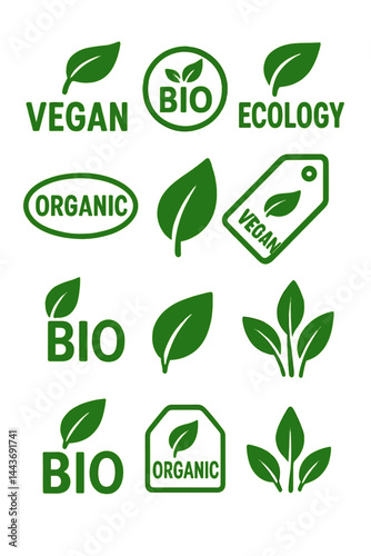 A collection of vegan icons, including logos and labels related to biology, ecology, and organic products, featuring a green leaf on a white background