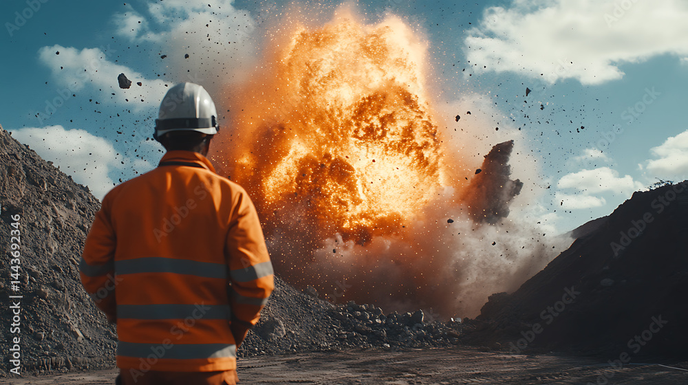 Obraz premium Worker Observing Controlled Explosion in Mining Site