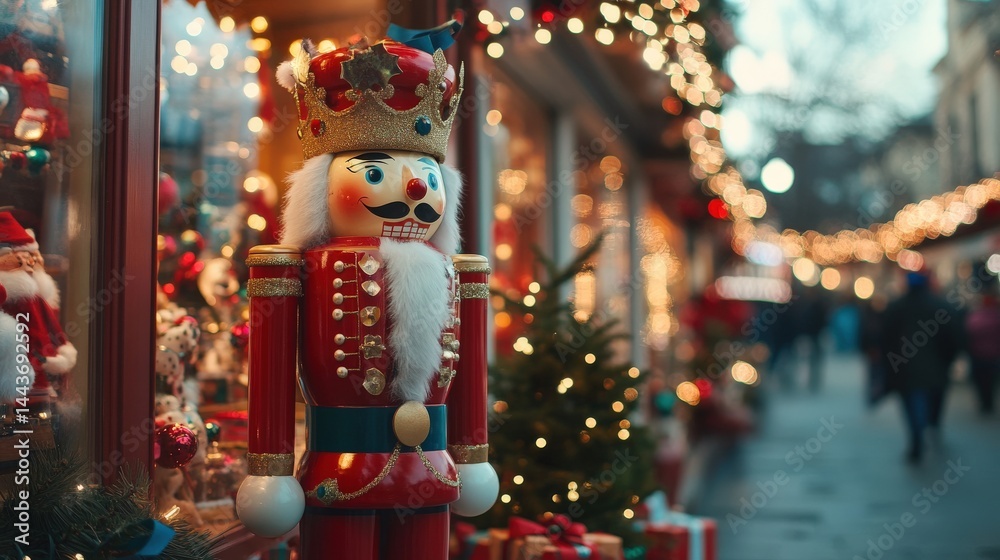 Fototapeta premium Ornate nutcracker figurine adorns a festive Christmas shop window.