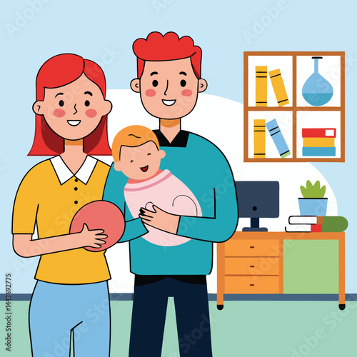 Cheerful family portrait shows mother holding baby doll and father holding real newborn