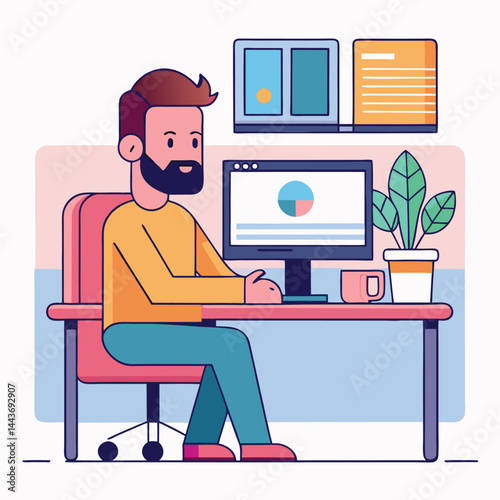 Smiling bearded man sits at his desk with a computer and potted plant