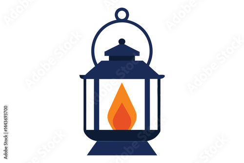 Stylized vintage navy blue kerosene lantern with orange flickering flame inside
