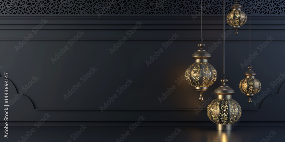 Elegant Depth: Slate backdrop adorned with gilded patterns and a traditional lantern casting subtle shadows