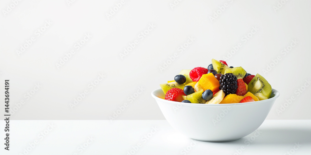 Fresh and healthy, this fruit salad bowl on a white backdrop is ideal for promoting wellness, nutrition, or summer recipes, with plenty of copy space