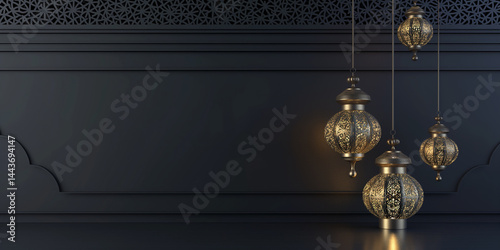 Obraz na płótnie Elegant Depth: Slate backdrop adorned with gilded patterns and a traditional lantern casting subtle shadows w salonie