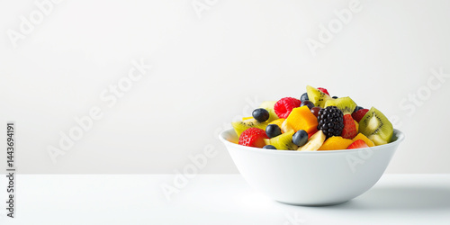 Obraz na płótnie Fresh and healthy, this fruit salad bowl on a white backdrop is ideal for promoting wellness, nutrition, or summer recipes, with plenty of copy space w salonie
