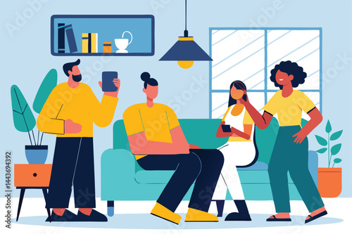 Diverse group gather and converse casually in a modern living room setting indoors