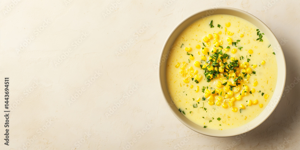 Right-side Comfort: Creamy corn chowder bowl perched right, beige canvas left for text