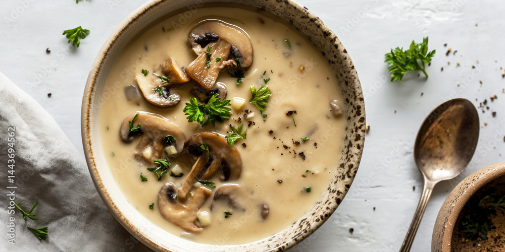 Creamy mushroom soup bowl on grey background, perfect for gourmet and comfort food themes