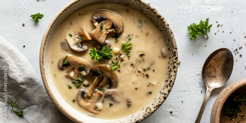 Obraz na płótnie Creamy mushroom soup bowl on grey background, perfect for gourmet and comfort food themes w salonie