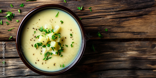 Obraz na płótnie Rustic Comfort: Potato soup bowl sits left on weathered wood, blank field right w salonie