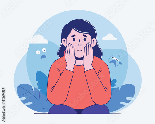 Sad female character sits, she holds her face with visible melancholic icons around