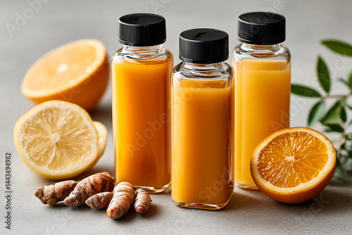 Juice bottles with orange and lemon juice alongside fresh oranges lemons and turmeric roots create a vibrant and healthy display of natural ingredients and refreshing drinks