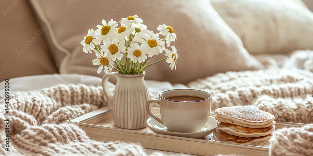Bedside Brunch: Pancakes and coffee served on a tray over a soft neutral blanket, ready for text