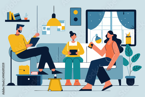 Three diverse people relax together holding tablets in living room at home