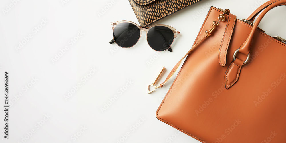 Chic Essentials: Handbag, shades, and wallet neatly aligned on white, space for text