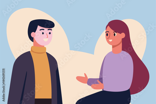 Animated woman gestures while talking with a man in a relaxed conversation setup