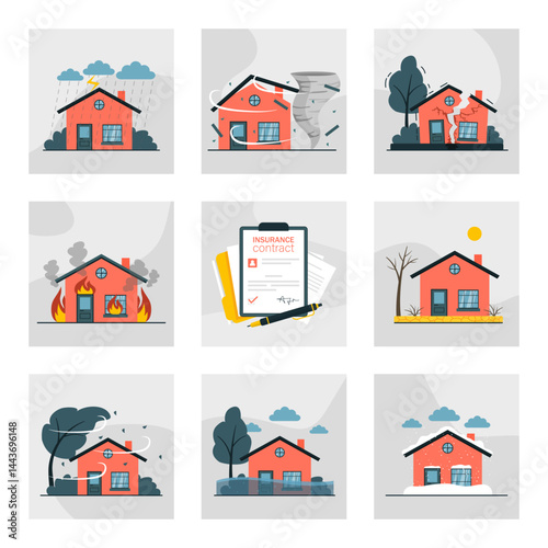 Collection of home insurance services scenes. House risk icons set. Idea of security and protection of property from damage and natural disaster. Contract with signature. Flat vector illustration.