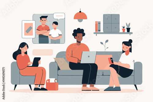 Group of three diverse people are sitting and relaxing in the room